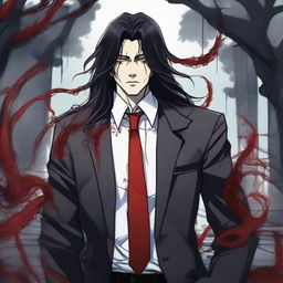 A larger than life 6'1 height male with black long wavy hair to the shoulder, Asian, with red sharp eyes standing in a graveyard background