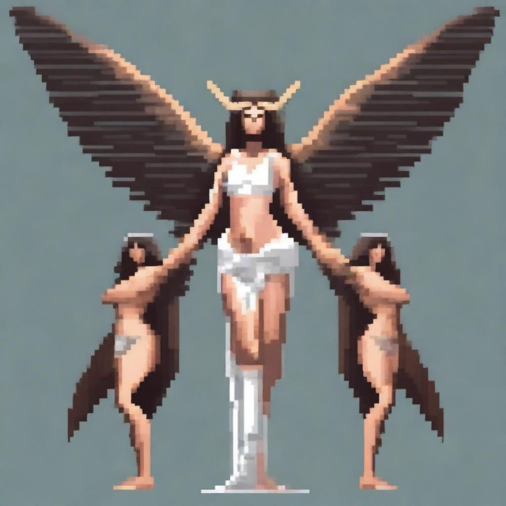 Create a realistic pixel art image of powerful harpies from Greek mythology