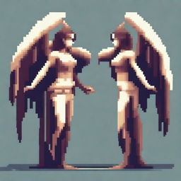 Create a realistic pixel art image of powerful harpies from Greek mythology