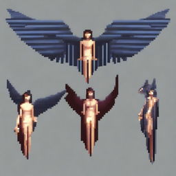 Create a realistic pixel art image of powerful harpies from Greek mythology