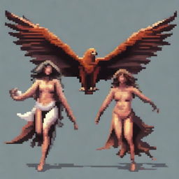 Create a realistic pixel art image of powerful harpies from Greek mythology