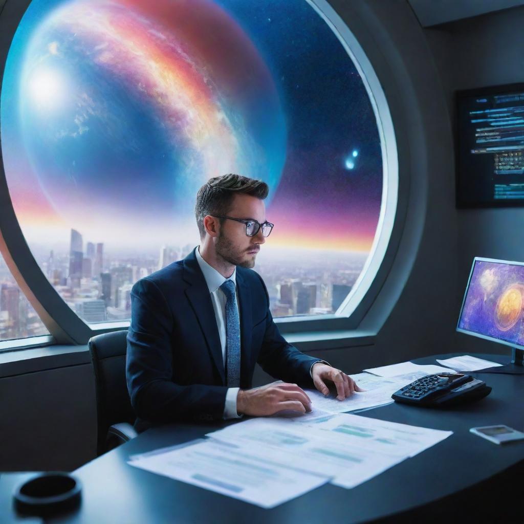 An accountant deeply immersed in preparing a tax return on a futuristic spaceship, with a massive, colorful planet visible through the window in the background.