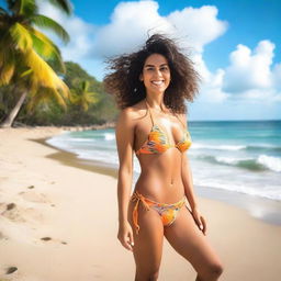 A Latina woman in a bikini, posing confidently at the beach with the ocean in the background