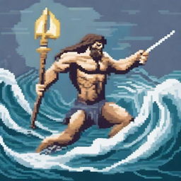 Create a detailed pixel art image of Poseidon, the Greek god of the sea, in the midst of a fierce battle