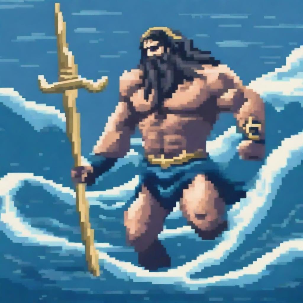 Create a detailed pixel art image of Poseidon, the Greek god of the sea, in the midst of a fierce battle