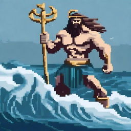 Create a detailed pixel art image of Poseidon, the Greek god of the sea, in the midst of a fierce battle