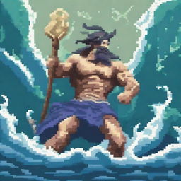 Create a detailed pixel art image of Poseidon, the Greek god of the sea, in the midst of a fierce battle