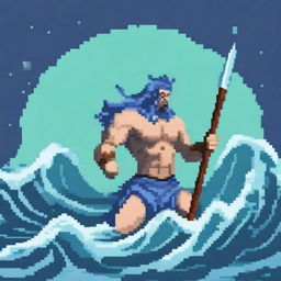 Create a pixel art image of Poseidon, the Greek god of the sea, fighting on a battlefield