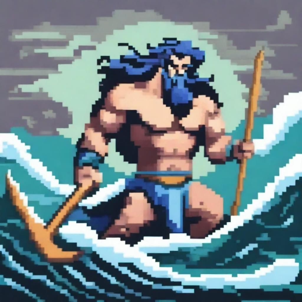 Create a pixel art image of Poseidon, the Greek god of the sea, fighting on a battlefield