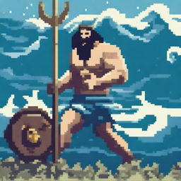 Create a pixel art image of Poseidon, the Greek god of the sea, fighting on a battlefield