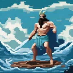 Create a pixel art image of Poseidon, the Greek god of the sea, fighting on a battlefield