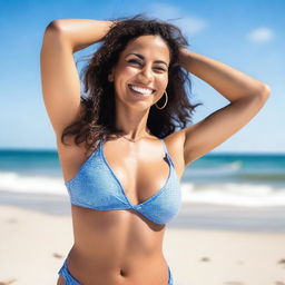 A Latina woman in a bikini, posing confidently on a sunny beach with clear blue skies and gentle waves in the background