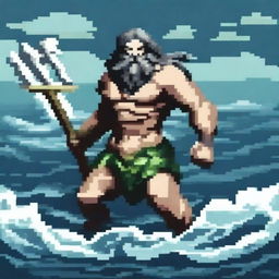 Create a pixel art image of Poseidon, the Greek god of the sea, fighting on a battlefield and looking to the left