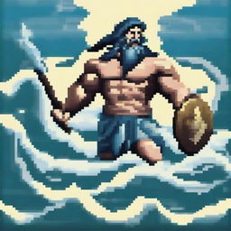 Create a pixel art image of Poseidon, the Greek god of the sea, fighting on a battlefield and looking to the left