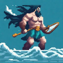 Create a pixel art image of Poseidon, the Greek god of the sea, fighting on a battlefield and looking to the left