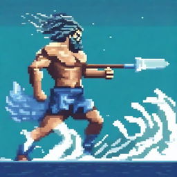 Create a pixel art image of Poseidon, the Greek god of the sea, fighting on a battlefield and looking to the left