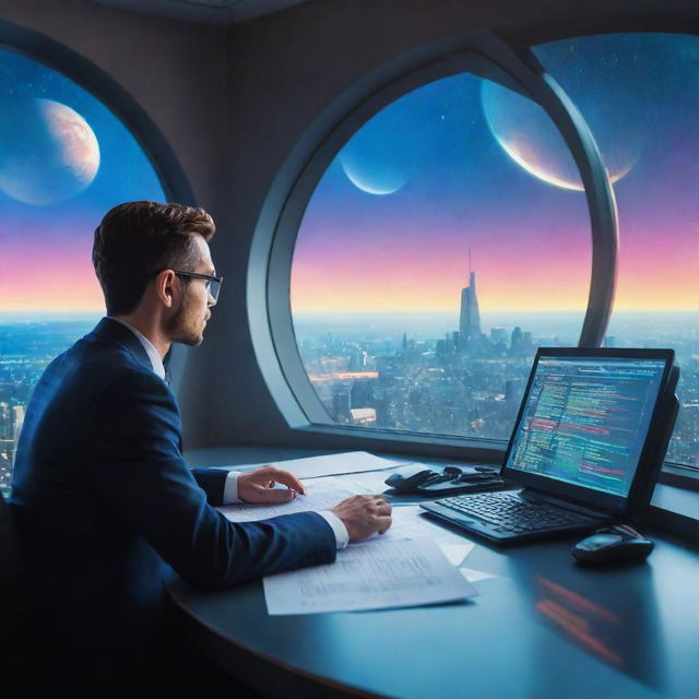 An accountant deeply immersed in preparing a tax return on a futuristic spaceship, with a massive, colorful planet visible through the window in the background.