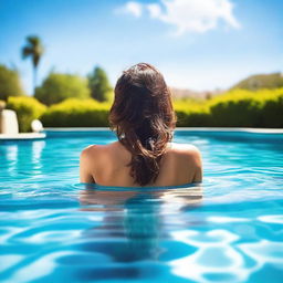 A Latina woman in a swimming pool, viewed from behind