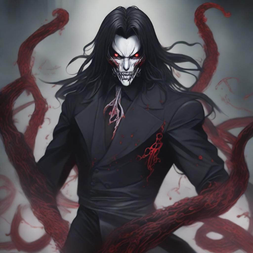 A terrifying male figure with black long wavy hair to the shoulder, Asian, with red sharp eyes standing in a graveyard background