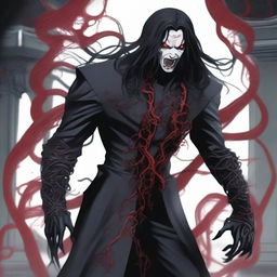 A terrifying male figure with black long wavy hair to the shoulder, Asian, with red sharp eyes standing in a graveyard background