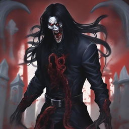 A terrifying male figure with black long wavy hair to the shoulder, Asian, with red sharp eyes standing in a graveyard background