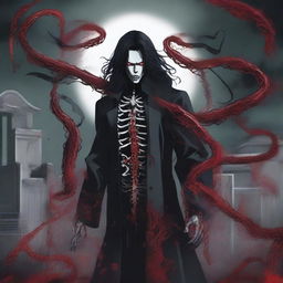 A terrifying male figure with black long wavy hair to the shoulder, Asian, with red sharp eyes standing in a graveyard background