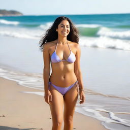 A Latina woman at the beach wearing a thong bikini