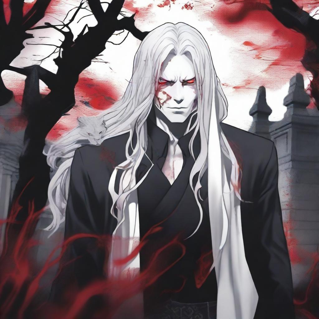 A creepy, larger than life male with white long wavy hair to the shoulder, Asian, with red sharp cat eyes standing in a graveyard background