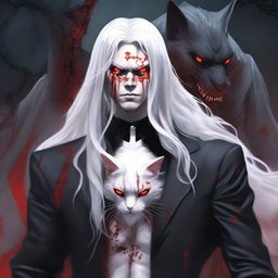 A creepy, larger than life male with white long wavy hair to the shoulder, Asian, with red sharp cat eyes standing in a graveyard background