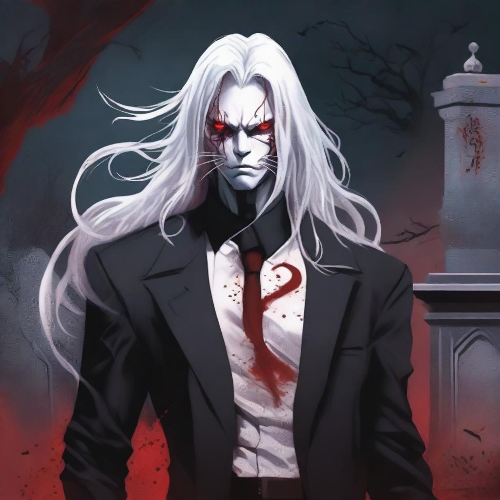 A creepy, larger than life male with white long wavy hair to the shoulder, Asian, with red sharp cat eyes standing in a graveyard background