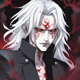 A creepy, larger than life male with white long wavy hair to the shoulder, Asian, with red sharp cat eyes standing in a graveyard background