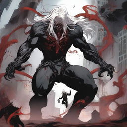 A gigantic titan-like male with white long wavy hair to the shoulder, Asian, with red sharp cat eyes