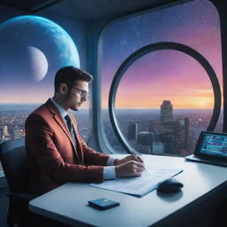 An accountant deeply immersed in preparing a tax return on a futuristic spaceship, with a massive, colorful planet visible through the window in the background.