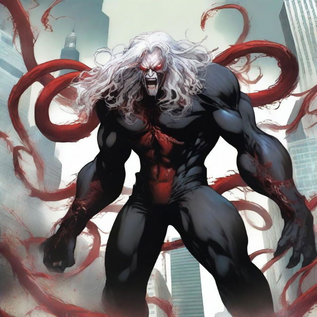 A gigantic titan-like male with white long wavy hair to the shoulder, Asian, with red sharp cat eyes