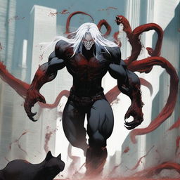 A gigantic titan-like male with white long wavy hair to the shoulder, Asian, with red sharp cat eyes