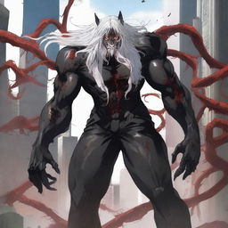 A gigantic titan-like male with white long wavy hair to the shoulder, Asian, with red sharp cat eyes