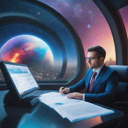 An accountant deeply immersed in preparing a tax return on a futuristic spaceship, with a massive, colorful planet visible through the window in the background.