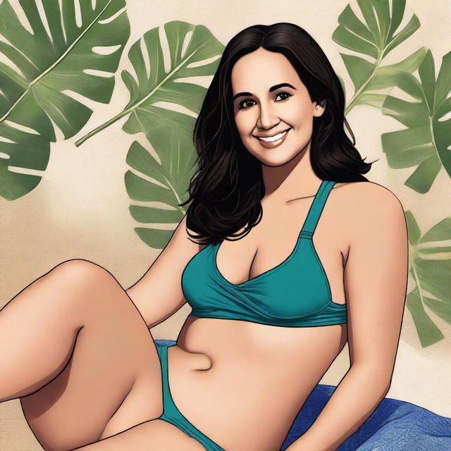 A detailed illustration of actress Melissa Fumero, with a chubby belly, wearing a bikini, and sitting down