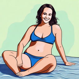 A detailed illustration of actress Melissa Fumero, with a chubby belly, wearing a bikini, and sitting down