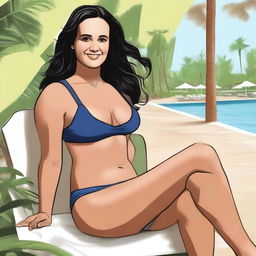 A detailed illustration of actress Melissa Fumero, with a chubby belly, wearing a bikini, and sitting down