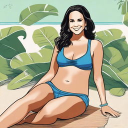 A detailed illustration of actress Melissa Fumero, with a chubby belly, wearing a bikini, and sitting down