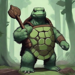 Create an image of a D&D 5e race tortle with a beard made of moss and grayish green skin