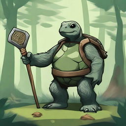 Create an image of a D&D 5e race tortle with a beard made of moss and grayish green skin