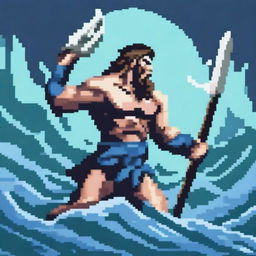 Create a pixel art image of Poseidon, the Greek god of the sea, with his trident, fighting on a battlefield and looking to the left