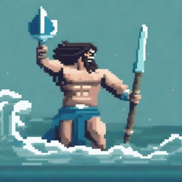 Create a pixel art image of Poseidon, the Greek god of the sea, with his trident, fighting on a battlefield and looking to the left