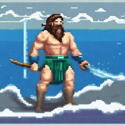 Create a pixel art image of Poseidon, the Greek god of the sea, with his trident, fighting on a battlefield and looking to the left