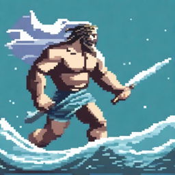 Create a pixel art image of Poseidon, the Greek god of the sea, with his trident, fighting on a battlefield and looking to the left