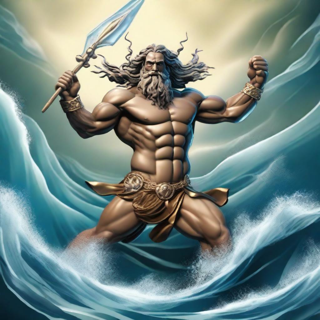 Create an image of Poseidon, the Greek god of the sea, with his trident, engaged in battle