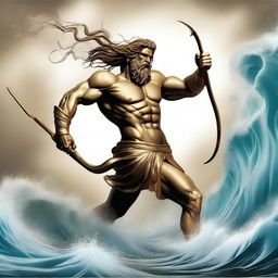 Create an image of Poseidon, the Greek god of the sea, with his trident, engaged in battle