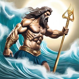 Create an image of Poseidon, the Greek god of the sea, with his trident, engaged in battle